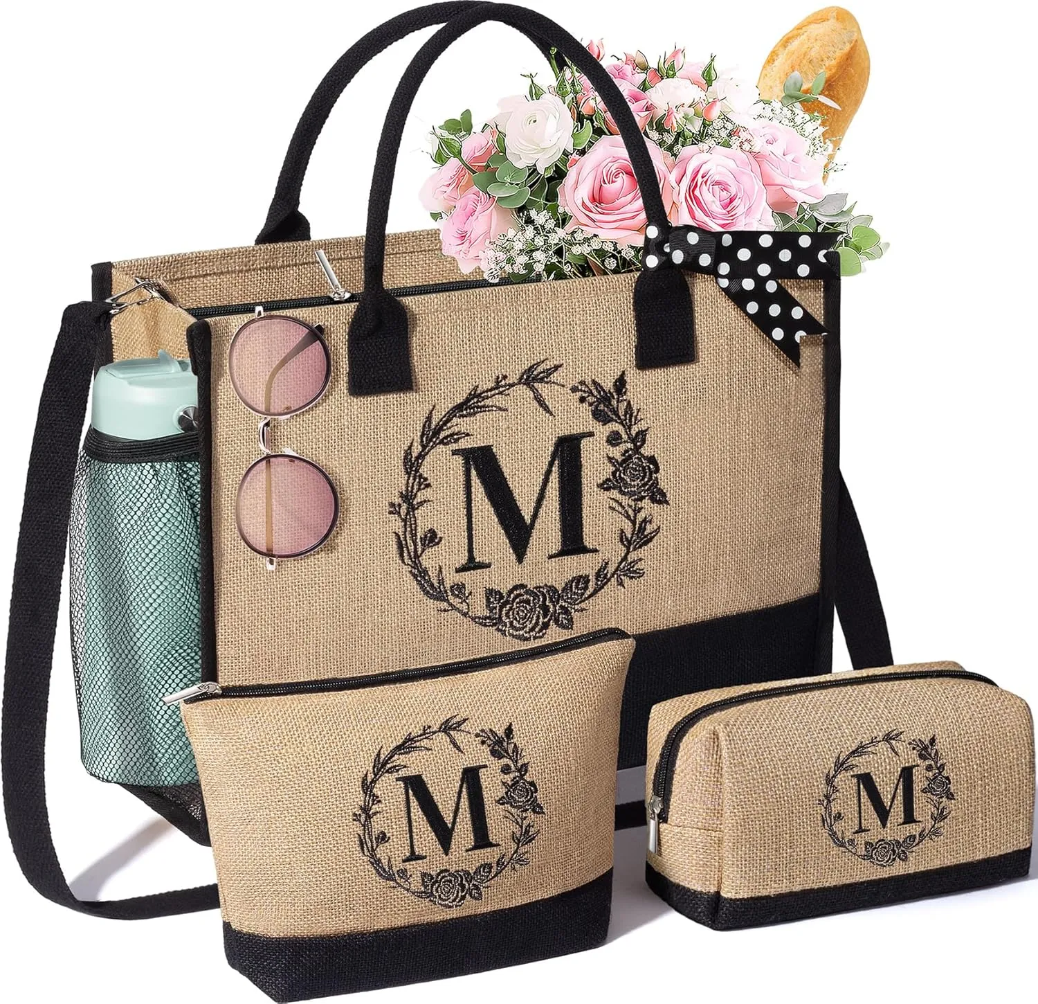 Personalized Gifts for Women Tote Bag, Initial Jute Tote Bag & Makeup Bags Monogrammed Beach Bag w/ Zipper, Birthday Gifts Mothers Day Gift for Mom Women Her Friend Sister Wife Grandma Teacher Nurse
