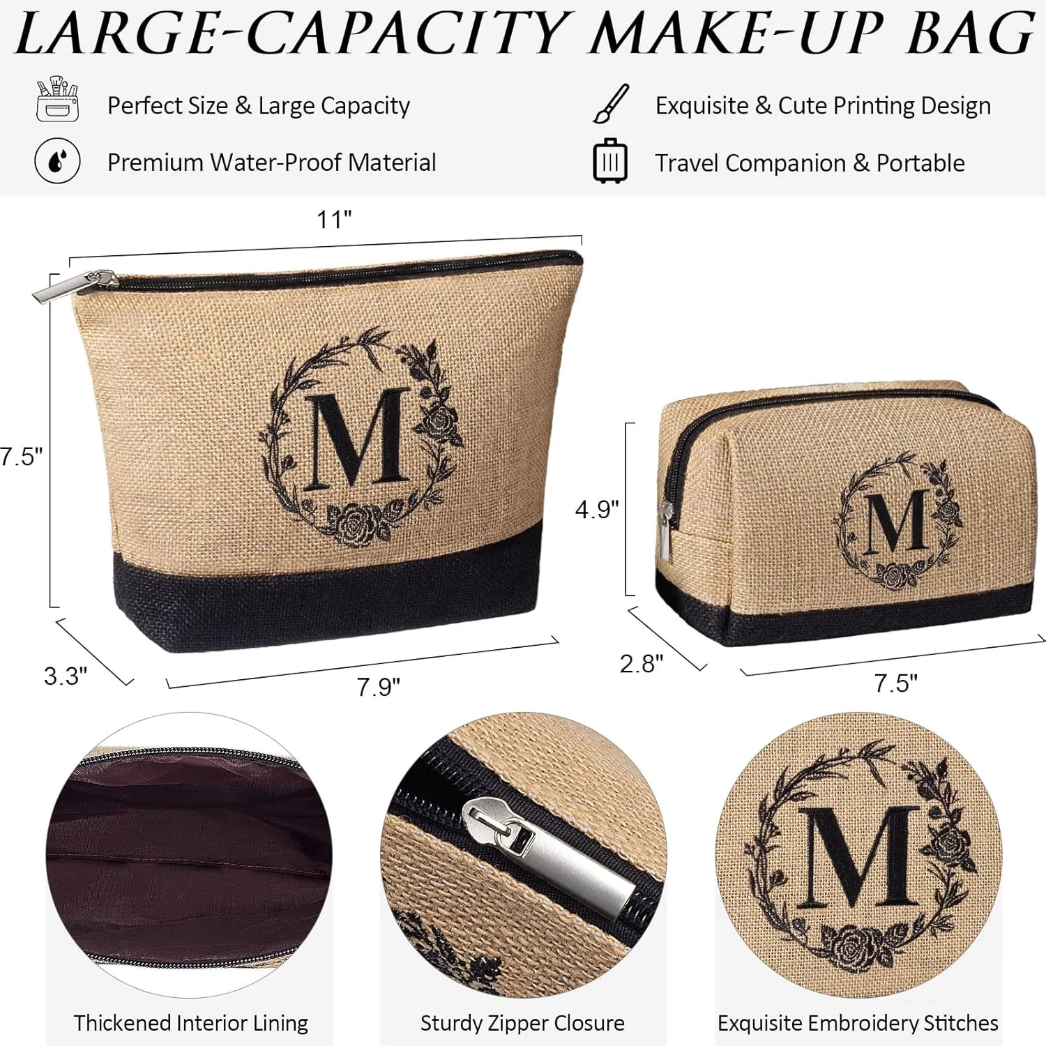 Personalized Gifts for Women Tote Bag, Initial Jute Tote Bag & Makeup Bags Monogrammed Beach Bag w/ Zipper, Birthday Gifts Mothers Day Gift for Mom Women Her Friend Sister Wife Grandma Teacher Nurse