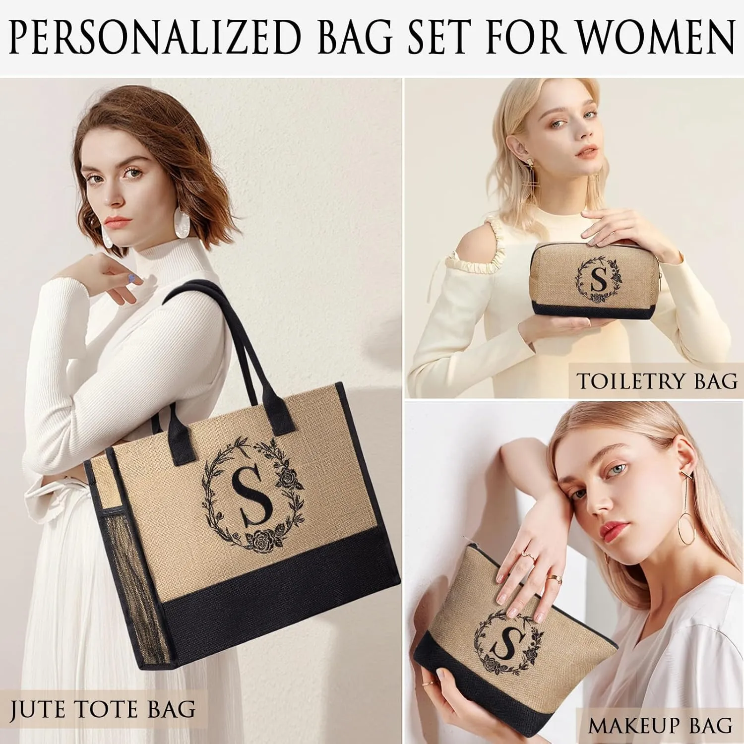Personalized Gifts for Women Tote Bag, Initial Jute Tote Bag & Makeup Bags Monogrammed Beach Bag w/ Zipper, Birthday Gifts Mothers Day Gift for Mom Women Her Friend Sister Wife Grandma Teacher Nurse
