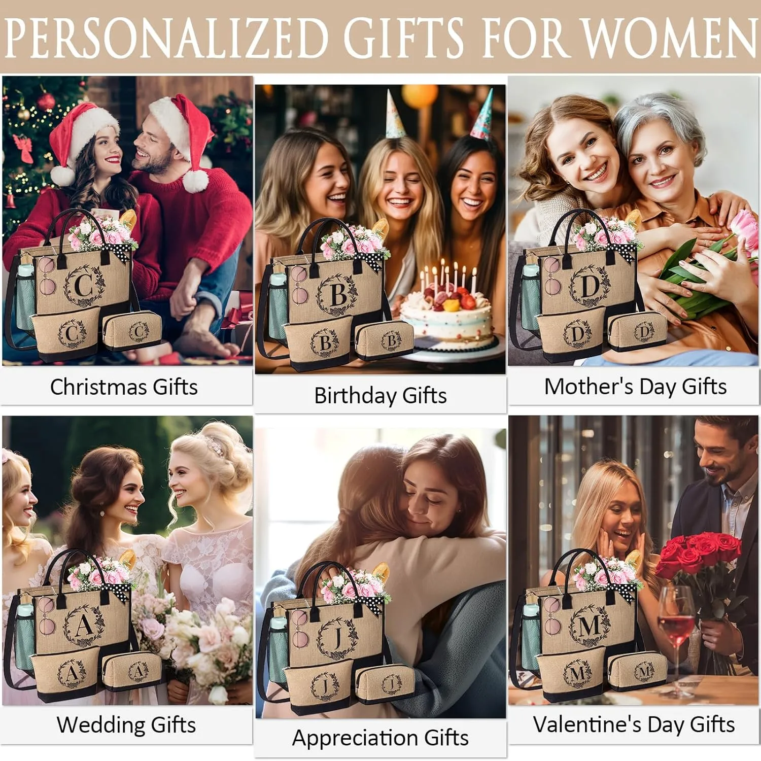 Personalized Gifts for Women Tote Bag, Initial Jute Tote Bag & Makeup Bags Monogrammed Beach Bag w/ Zipper, Birthday Gifts Mothers Day Gift for Mom Women Her Friend Sister Wife Grandma Teacher Nurse