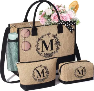 Personalized Gifts for Women Tote Bag, Initial Jute Tote Bag & Makeup Bags Monogrammed Beach Bag w/ Zipper, Birthday Gifts Mothers Day Gift for Mom Women Her Friend Sister Wife Grandma Teacher Nurse