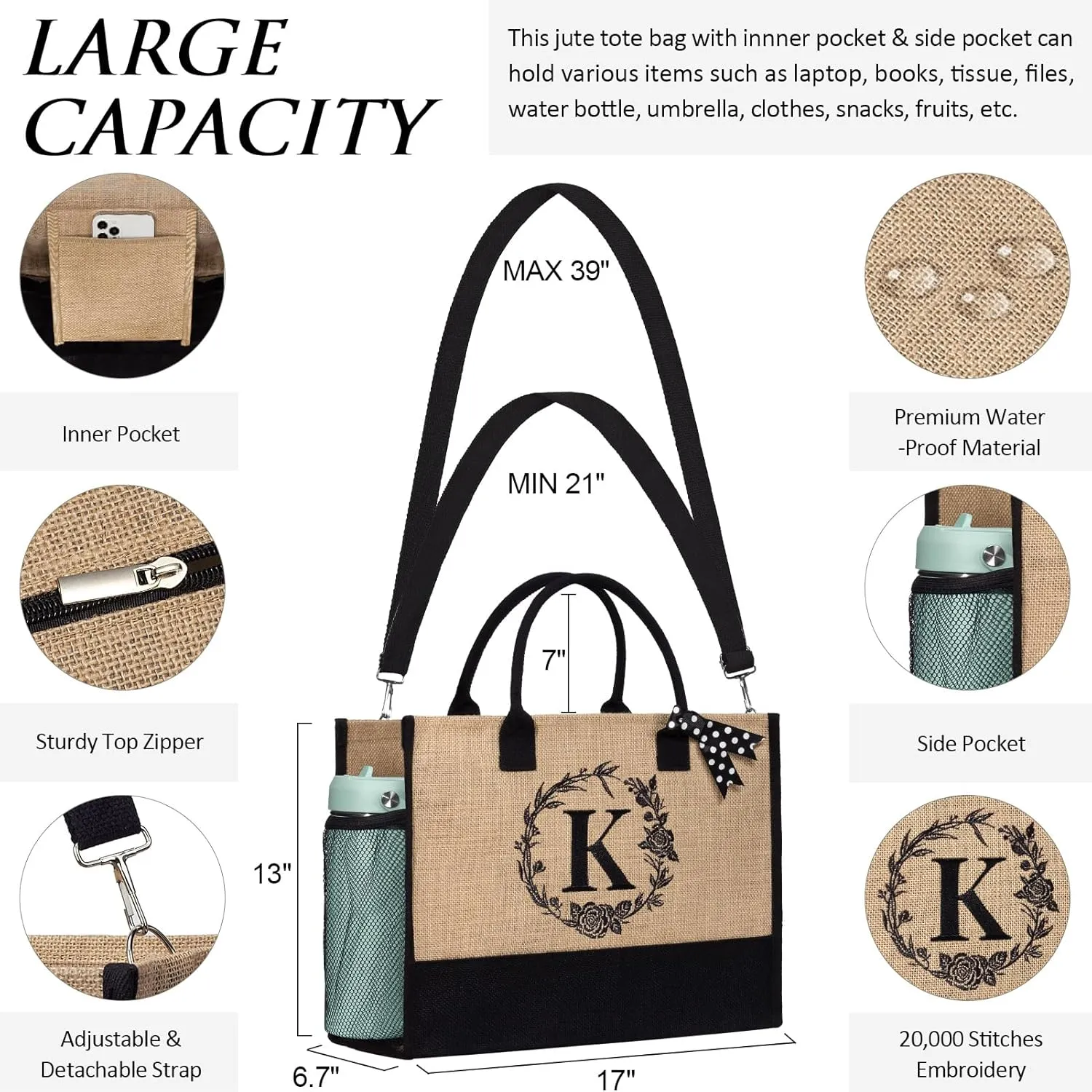Personalized Gifts for Women Tote Bag, Initial Jute Tote Bag & Makeup Bags Monogrammed Beach Bag w/ Zipper, Birthday Gifts Mothers Day Gift for Mom Women Her Friend Sister Wife Grandma Teacher Nurse