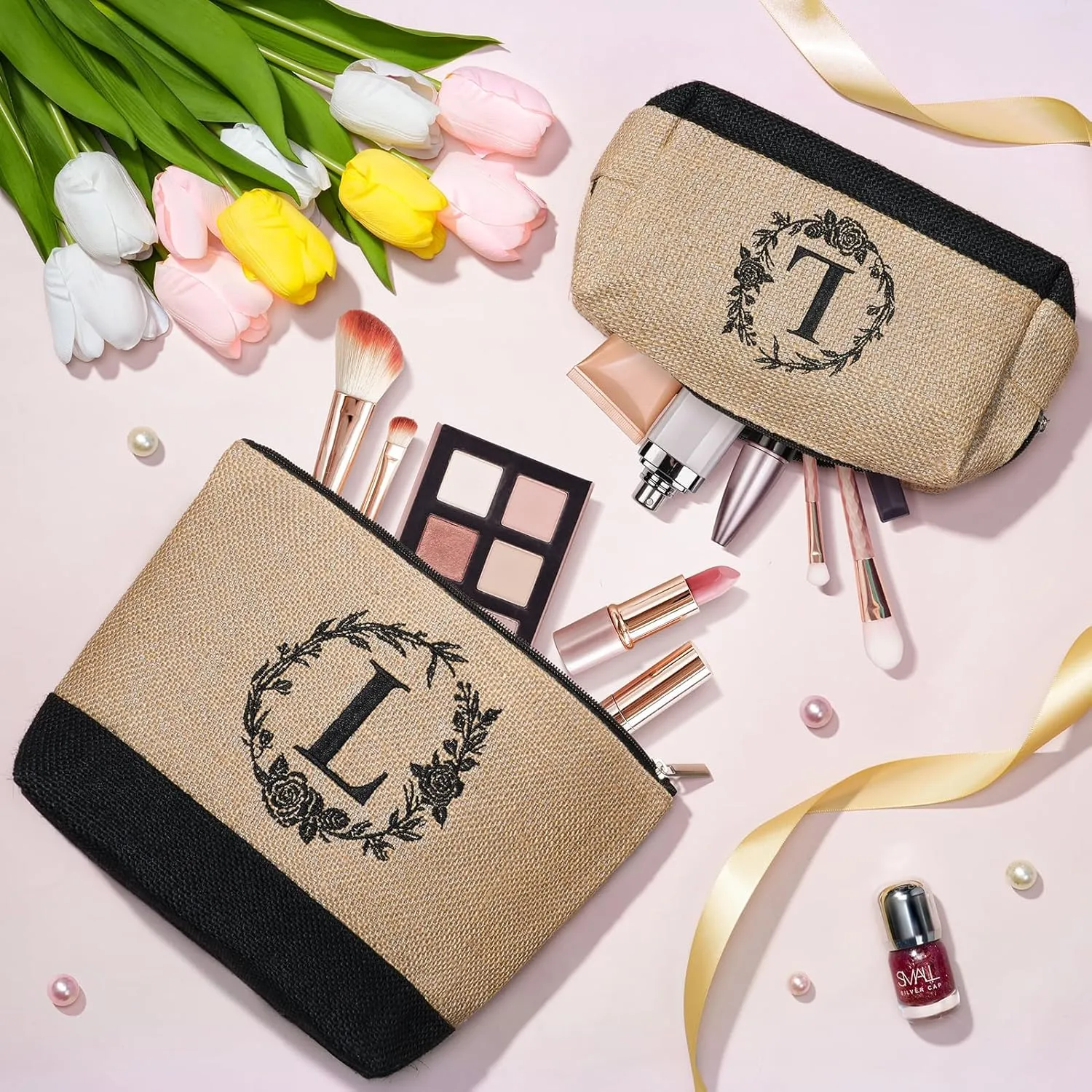 Personalized Gifts for Women Tote Bag, Initial Jute Tote Bag & Makeup Bags Monogrammed Beach Bag w/ Zipper, Birthday Gifts Mothers Day Gift for Mom Women Her Friend Sister Wife Grandma Teacher Nurse