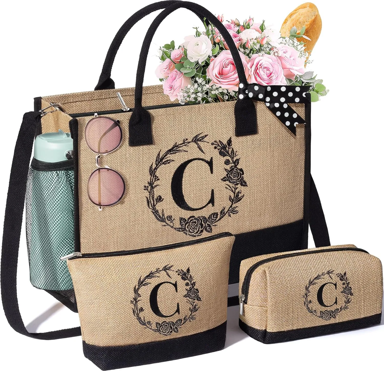 Personalized Gifts for Women Tote Bag, Initial Jute Tote Bag & Makeup Bags Monogrammed Beach Bag w/ Zipper, Birthday Gifts Mothers Day Gifts for Mom Women Her Friend Sister Wife Grandma Teacher Nurse