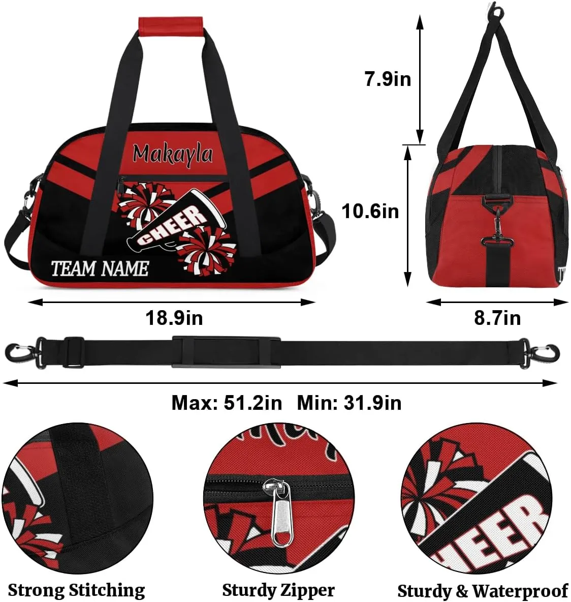 Personalized Girls Cheerleader Bag with Name and Team Name Customized Cheer Duffle Bags