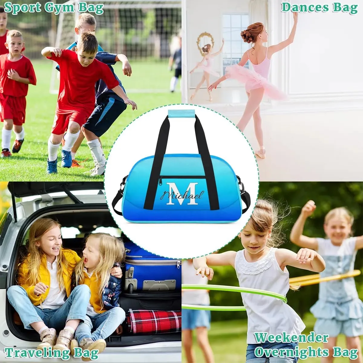 Personalized Gym Bag, Custom Initial Sport Duffel Bag, Dance Bag Carry On Weekender Bags Travel Duffel Bag for Women Men, Blue Gradient