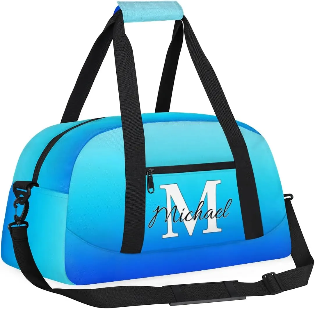 Personalized Gym Bag, Custom Initial Sport Duffel Bag, Dance Bag Carry On Weekender Bags Travel Duffel Bag for Women Men, Blue Gradient