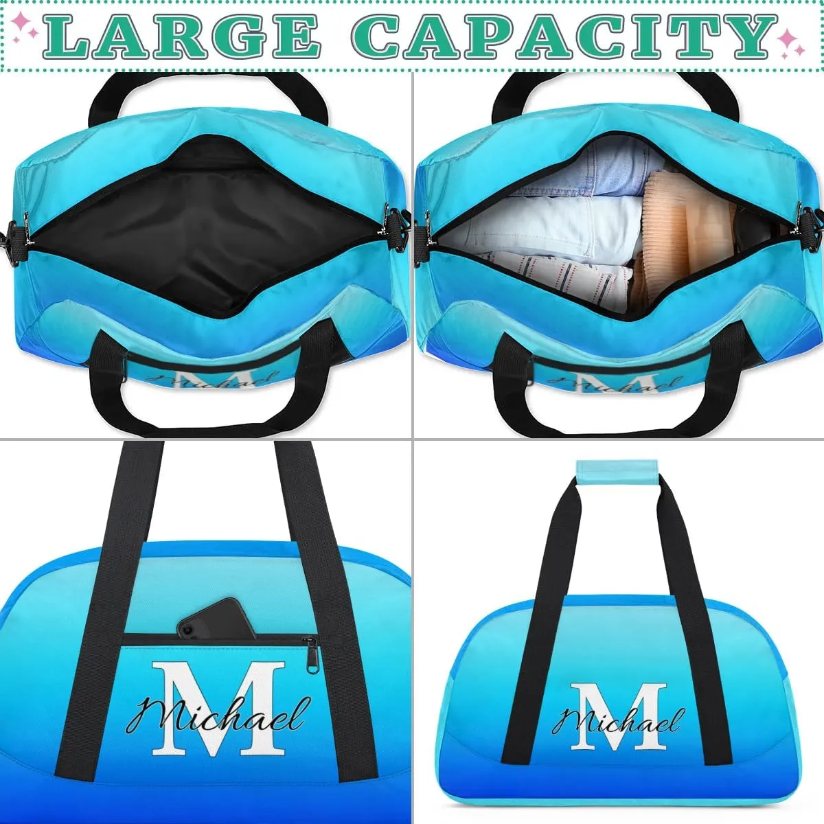 Personalized Gym Bag, Custom Initial Sport Duffel Bag, Dance Bag Carry On Weekender Bags Travel Duffel Bag for Women Men, Blue Gradient