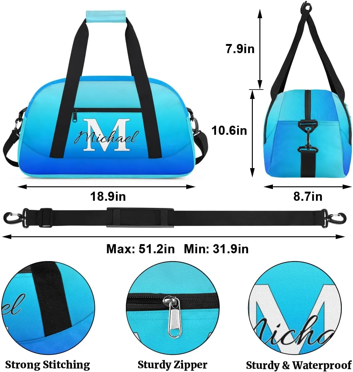 Personalized Gym Bag, Custom Initial Sport Duffel Bag, Dance Bag Carry On Weekender Bags Travel Duffel Bag for Women Men, Blue Gradient