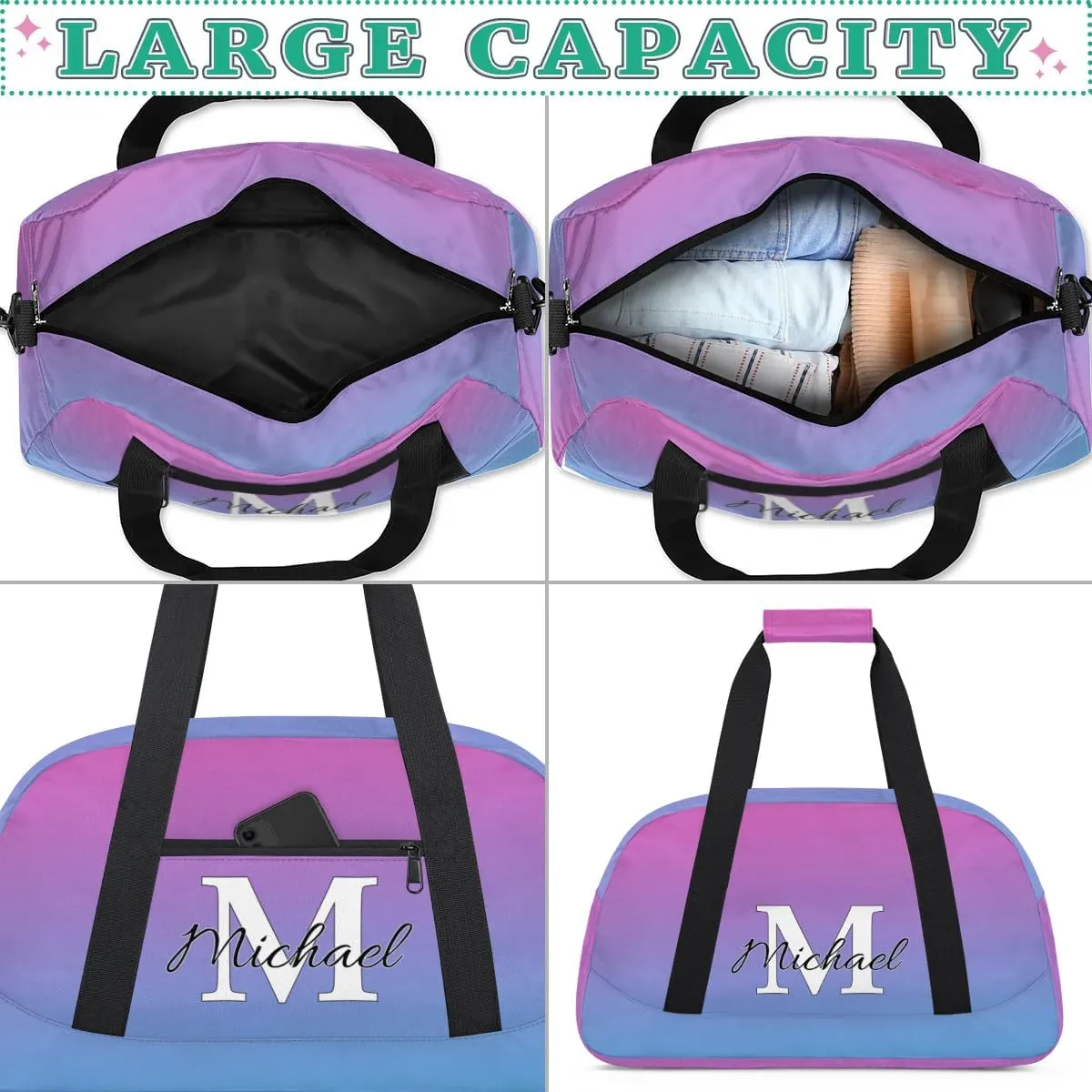 Personalized Gym Bag, Custom Initial Sport Duffel Bag, Dance Bag Carry On Weekender Bags Travel Duffel Bag for Women Men, Blue Purple