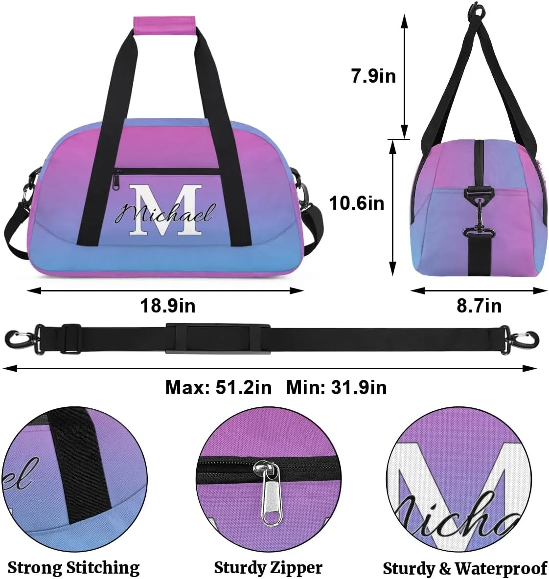 Personalized Gym Bag, Custom Initial Sport Duffel Bag, Dance Bag Carry On Weekender Bags Travel Duffel Bag for Women Men, Blue Purple