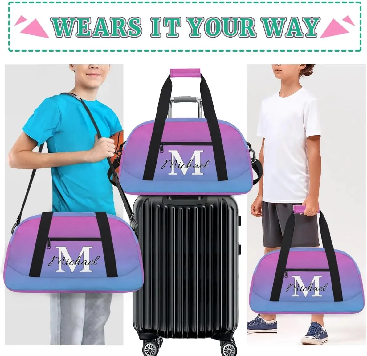 Personalized Gym Bag, Custom Initial Sport Duffel Bag, Dance Bag Carry On Weekender Bags Travel Duffel Bag for Women Men, Blue Purple