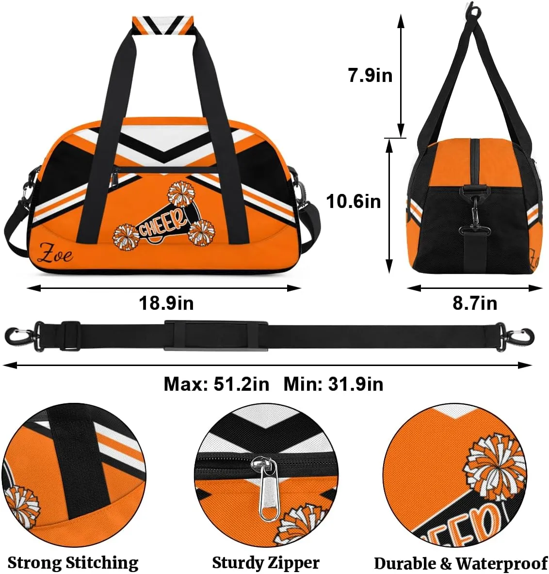 Personalized Gym Bag Duffel Bag for Girls, Custom Cheerleader Bag Overnight Bags for Gymnastics Travel Weekender Practice Cheering Horn