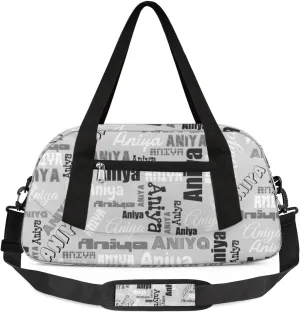Personalized Gym Bag for Girls Teens, Custom Dance Bag Overnight Small Duffel Bag Carry On Weekend Sports Travel Bag for School Practice Gymnastics Ballet, Dense Text Grey