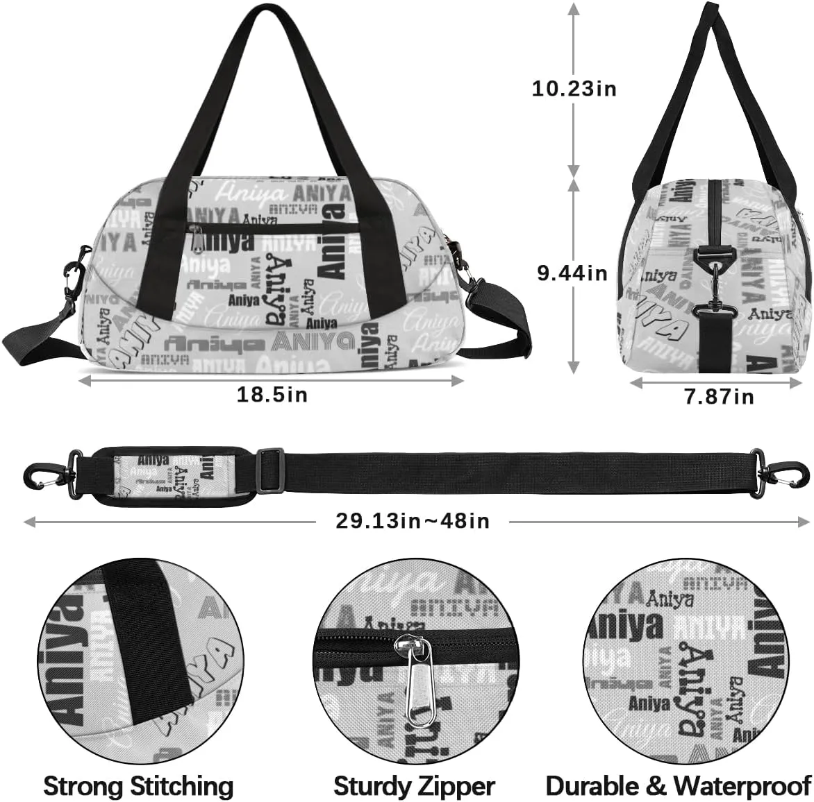 Personalized Gym Bag for Girls Teens, Custom Dance Bag Overnight Small Duffel Bag Carry On Weekend Sports Travel Bag for School Practice Gymnastics Ballet, Dense Text Grey