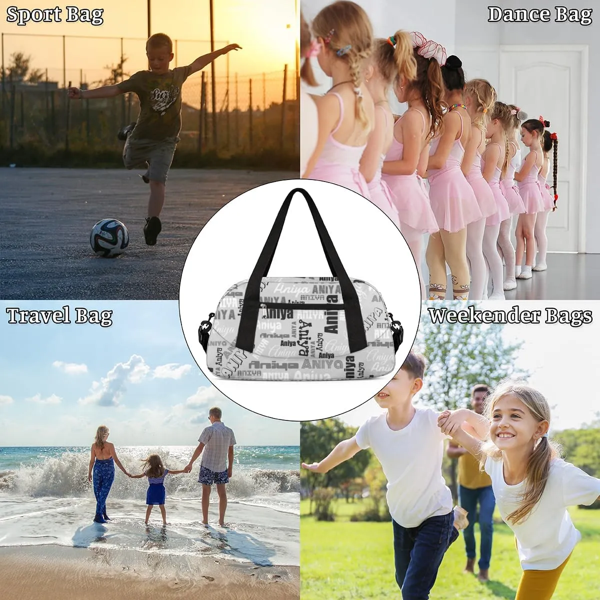 Personalized Gym Bag for Girls Teens, Custom Dance Bag Overnight Small Duffel Bag Carry On Weekend Sports Travel Bag for School Practice Gymnastics Ballet, Dense Text Grey