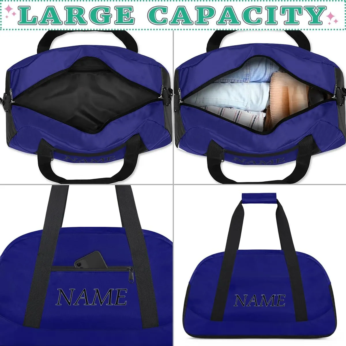 Personalized Gym Bag for Women Men, Custom Duffel Bag with Name, Small Sports Bag Travel Carry On Weekender Bags, Navy Blue