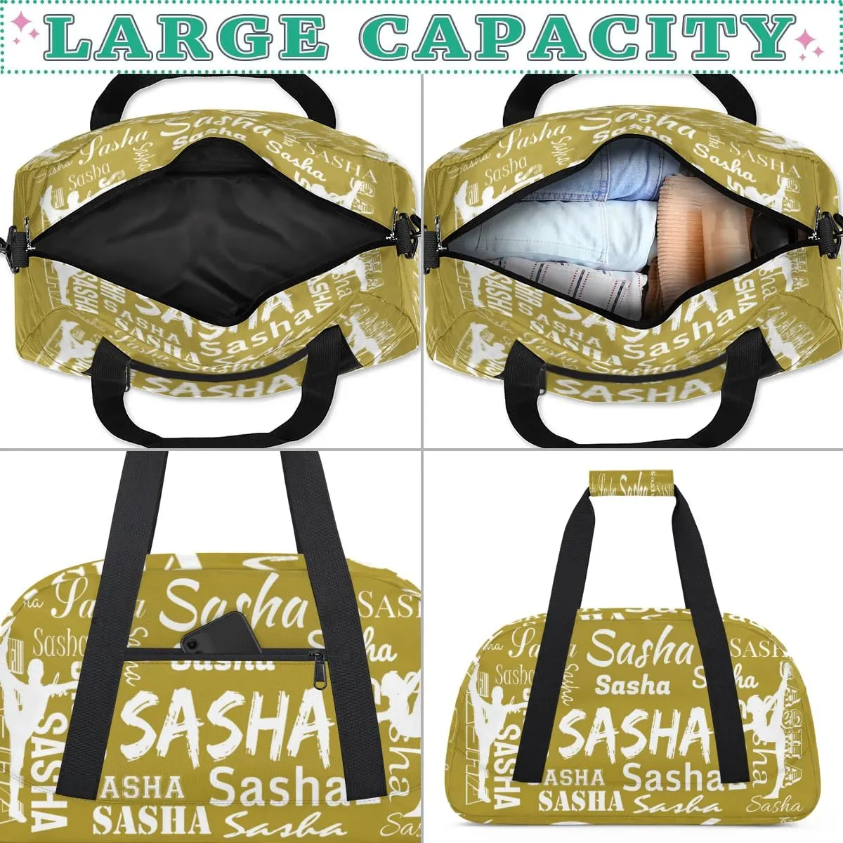 Personalized Gymnastics Bags, Custom Name Sport Duffel Bag Cheer Gymnastics Bags, Custom Gymnastics Silhouette Travel Overnight Weekender Bags, Brown Bag