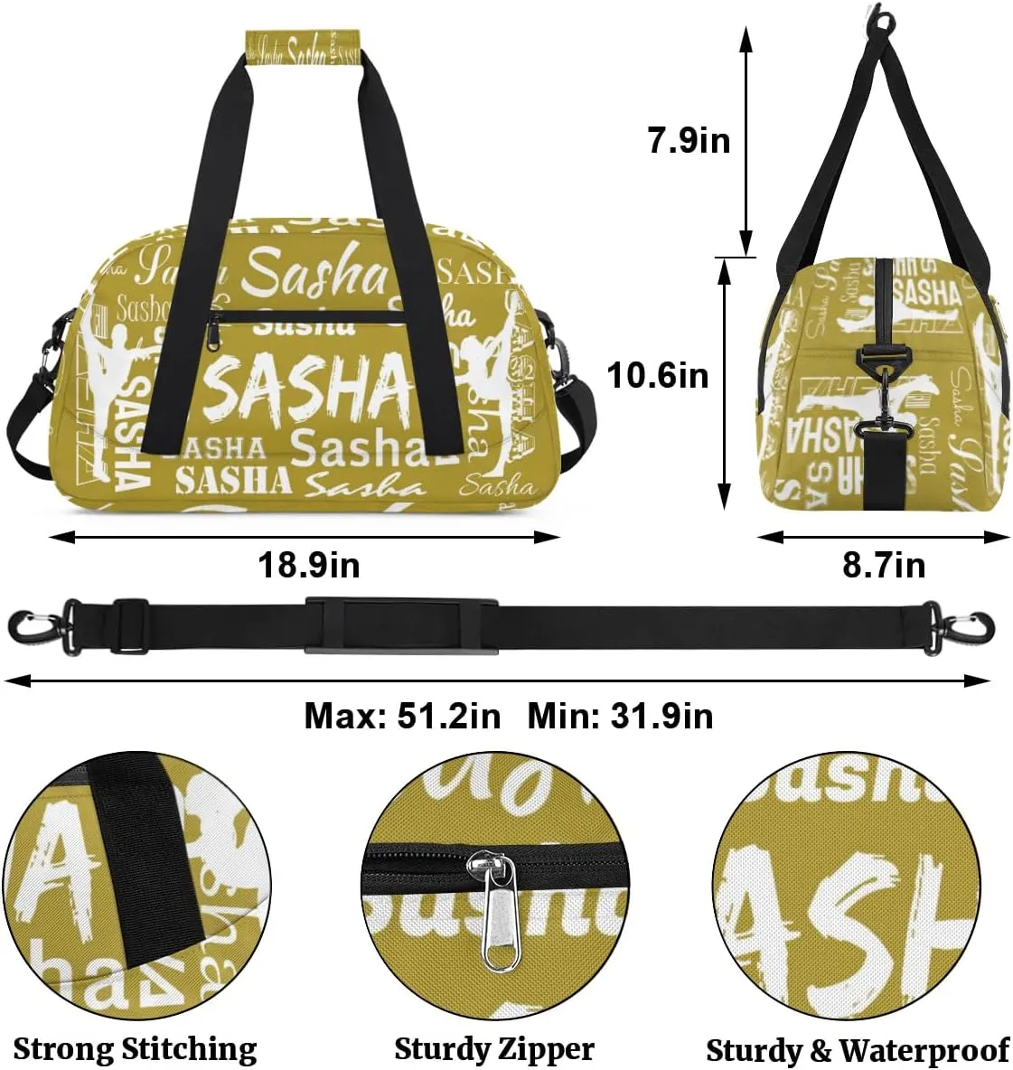 Personalized Gymnastics Bags, Custom Name Sport Duffel Bag Cheer Gymnastics Bags, Custom Gymnastics Silhouette Travel Overnight Weekender Bags, Brown Bag