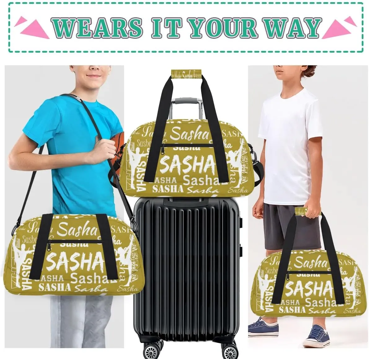 Personalized Gymnastics Bags, Custom Name Sport Duffel Bag Cheer Gymnastics Bags, Custom Gymnastics Silhouette Travel Overnight Weekender Bags, Brown Bag