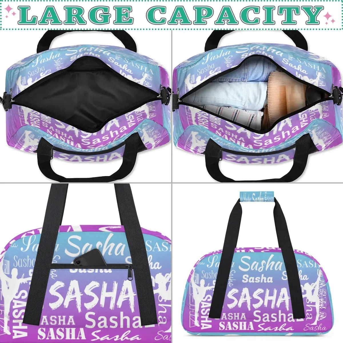 Personalized Gymnastics Bags Name, Custom Dance Duffel Bag Cheer Bags, Custom Sport Duffel Gym Bag Travel Weekender Bags Blue Purple Gradient