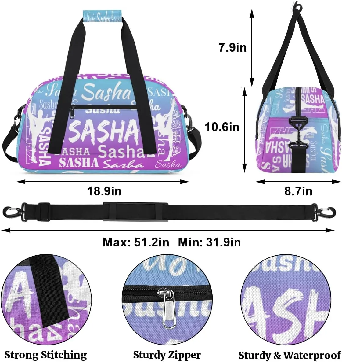 Personalized Gymnastics Bags Name, Custom Dance Duffel Bag Cheer Bags, Custom Sport Duffel Gym Bag Travel Weekender Bags Blue Purple Gradient