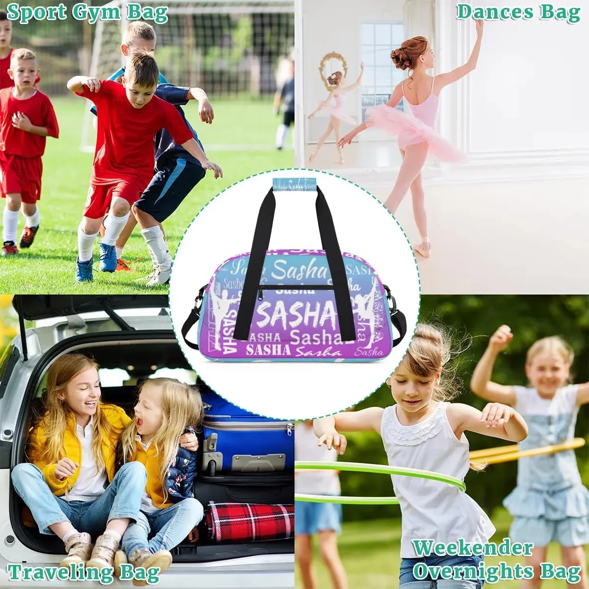Personalized Gymnastics Bags Name, Custom Dance Duffel Bag Cheer Bags, Custom Sport Duffel Gym Bag Travel Weekender Bags Blue Purple Gradient
