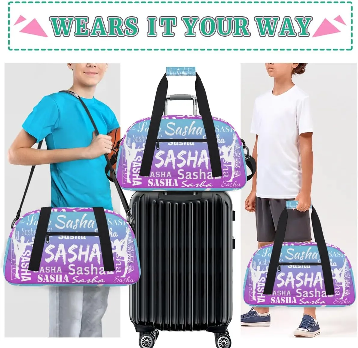 Personalized Gymnastics Bags Name, Custom Dance Duffel Bag Cheer Bags, Custom Sport Duffel Gym Bag Travel Weekender Bags Blue Purple Gradient