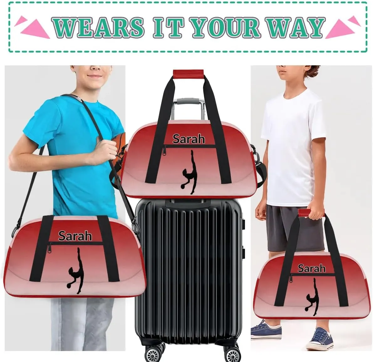 Personalized Gymnastics Dance Bag Gym Bag, Custom Sports Duffel Bags Weekender Bags Travel Duffel Bag Custom Neme Gymnastics Ballet Bag, Deep Red Gradient
