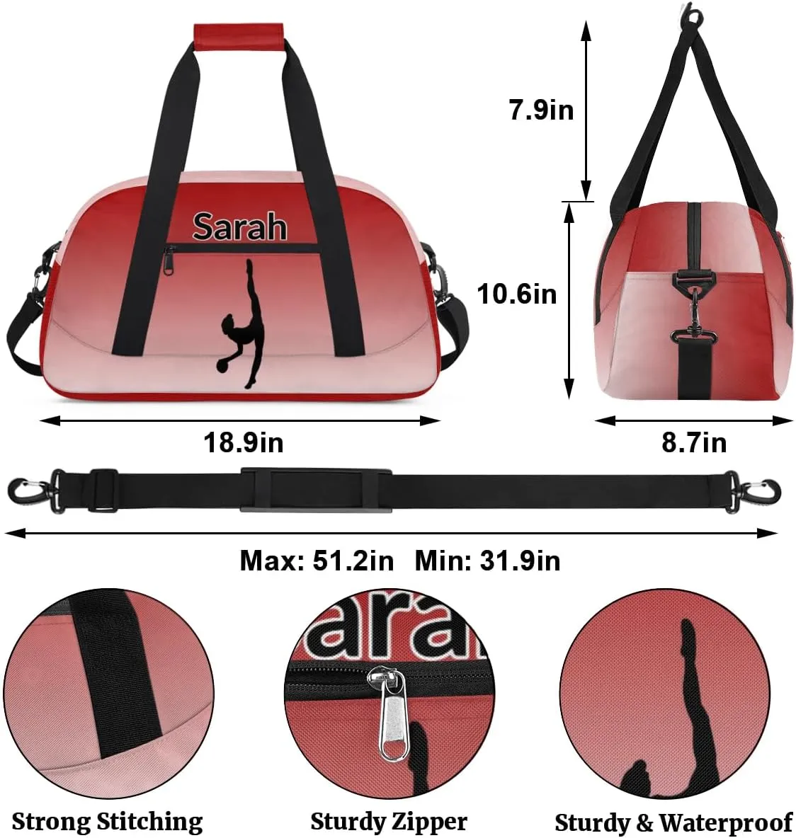 Personalized Gymnastics Dance Bag Gym Bag, Custom Sports Duffel Bags Weekender Bags Travel Duffel Bag Custom Neme Gymnastics Ballet Bag, Deep Red Gradient