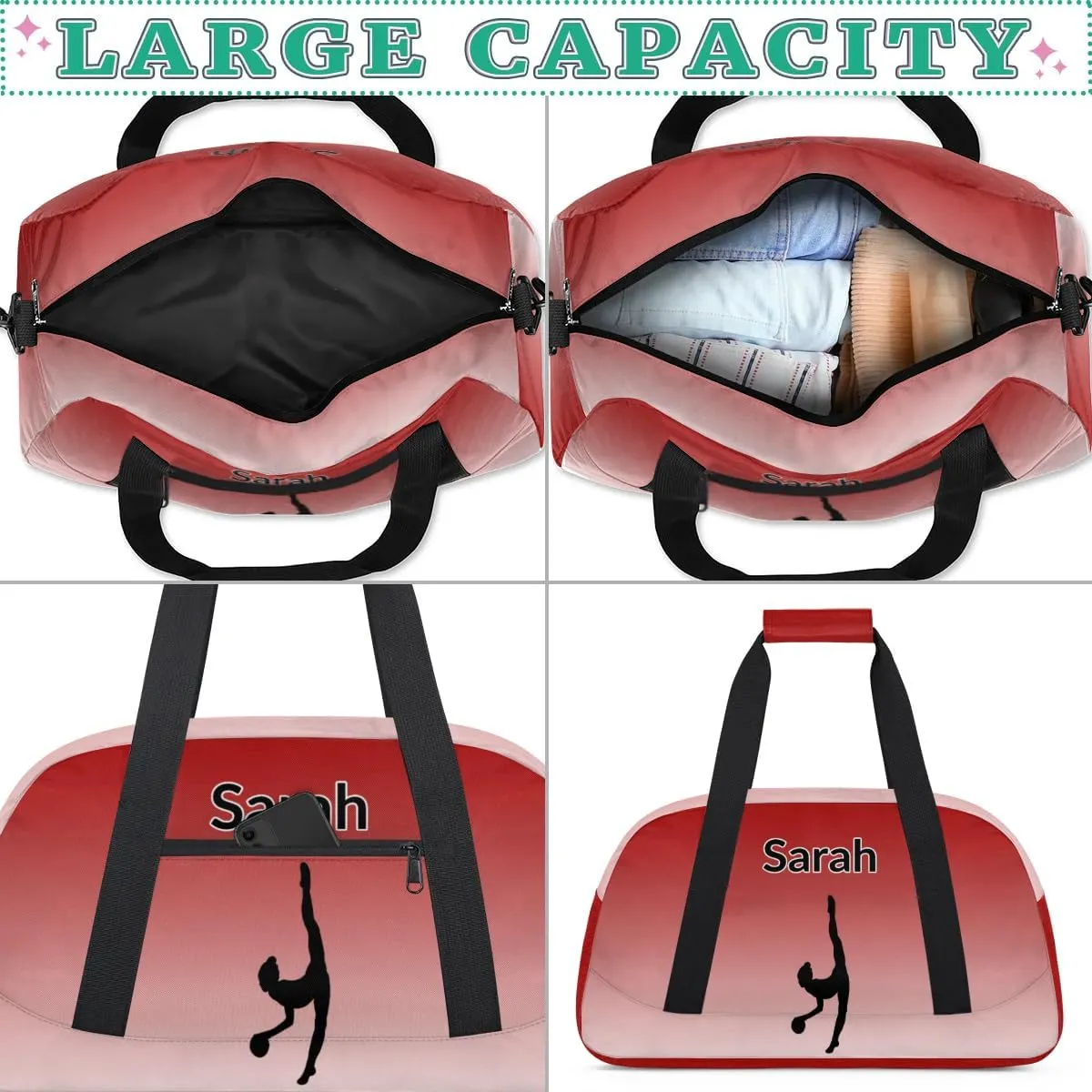 Personalized Gymnastics Dance Bag Gym Bag, Custom Sports Duffel Bags Weekender Bags Travel Duffel Bag Custom Neme Gymnastics Ballet Bag, Deep Red Gradient