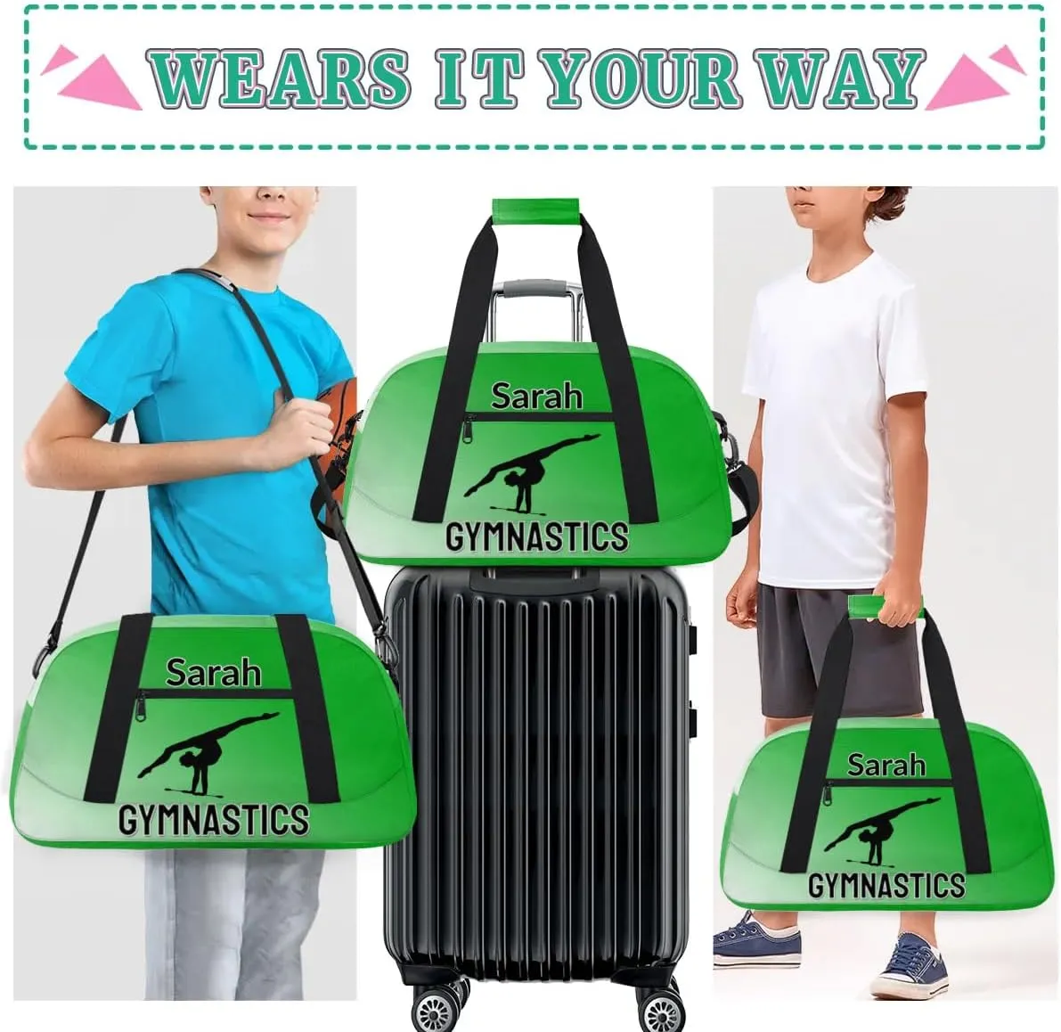 Personalized Gymnastics Dance Bag Gym Bag, Custom Sports Duffel Bags Weekender Bags Travel Duffel Bag Custom Neme Gymnastics Ballet Bag, Grass Green Gradient