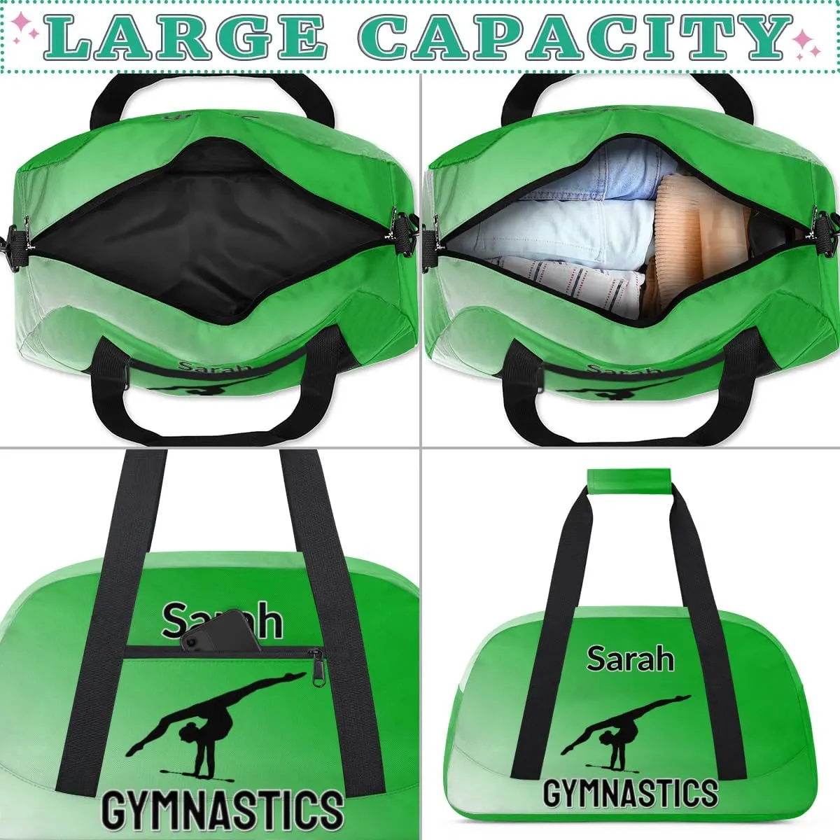 Personalized Gymnastics Dance Bag Gym Bag, Custom Sports Duffel Bags Weekender Bags Travel Duffel Bag Custom Neme Gymnastics Ballet Bag, Grass Green Gradient
