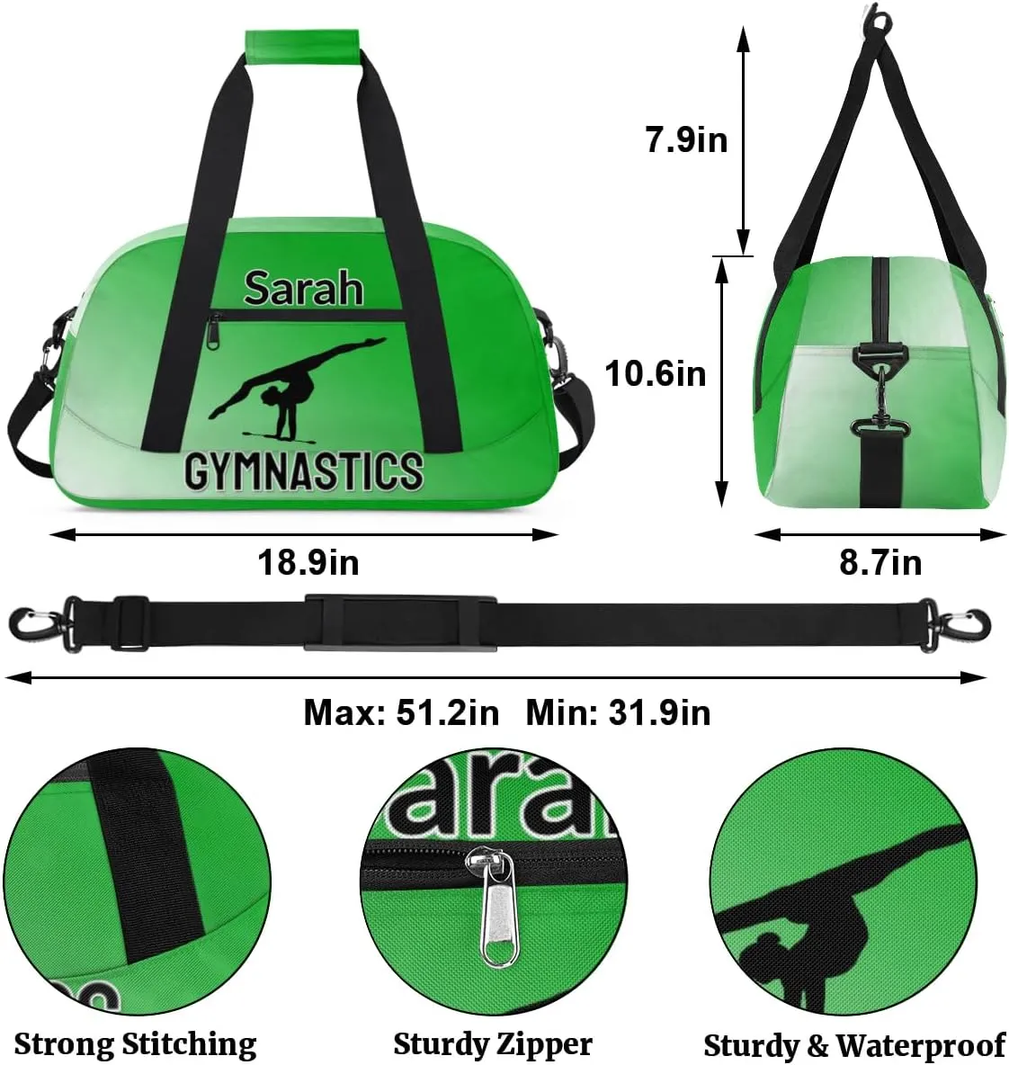 Personalized Gymnastics Dance Bag Gym Bag, Custom Sports Duffel Bags Weekender Bags Travel Duffel Bag Custom Neme Gymnastics Ballet Bag, Grass Green Gradient