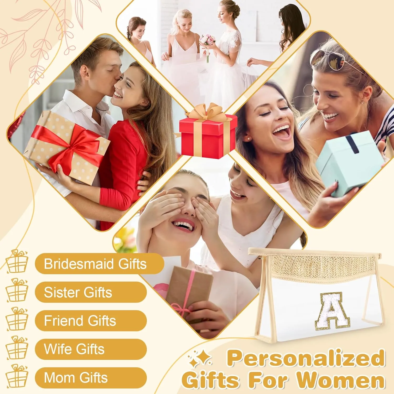 Personalized Initial Letter Bag Boho Straw Clear Makeup Bag,Small Cute Chenille Varsity Letter Bag With Zipper,Beach Travel Toiletry Bag,Portable Monogrammed Cosmetic Bag for Women Girls,A