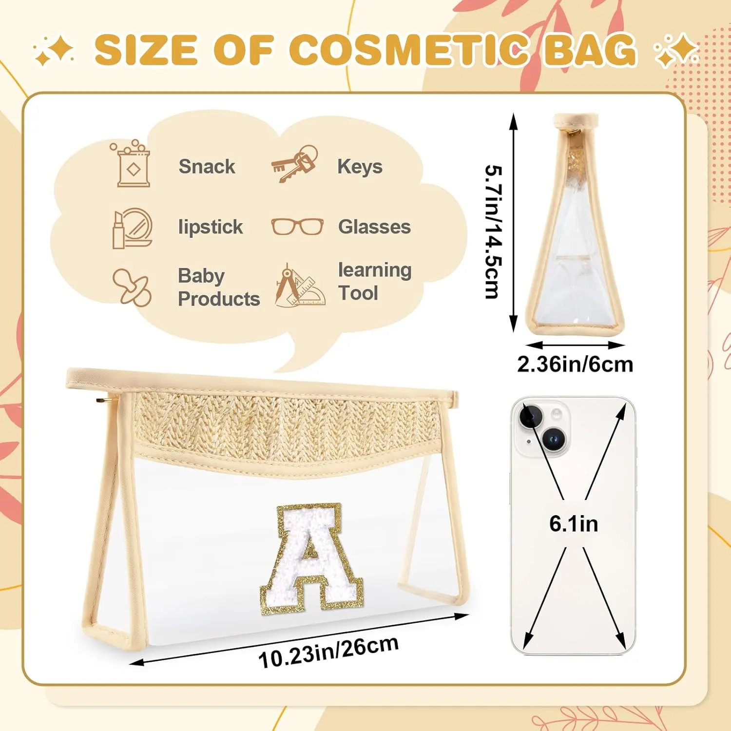 Personalized Initial Letter Bag Boho Straw Clear Makeup Bag,Small Cute Chenille Varsity Letter Bag With Zipper,Beach Travel Toiletry Bag,Portable Monogrammed Cosmetic Bag for Women Girls,A