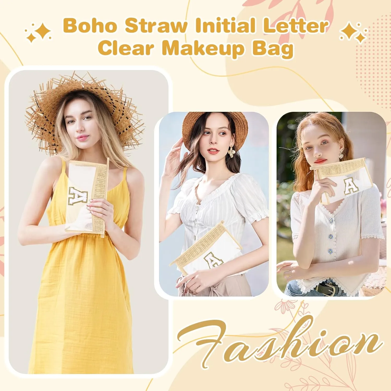 Personalized Initial Letter Bag Boho Straw Clear Makeup Bag,Small Cute Chenille Varsity Letter Bag With Zipper,Beach Travel Toiletry Bag,Portable Monogrammed Cosmetic Bag for Women Girls,A