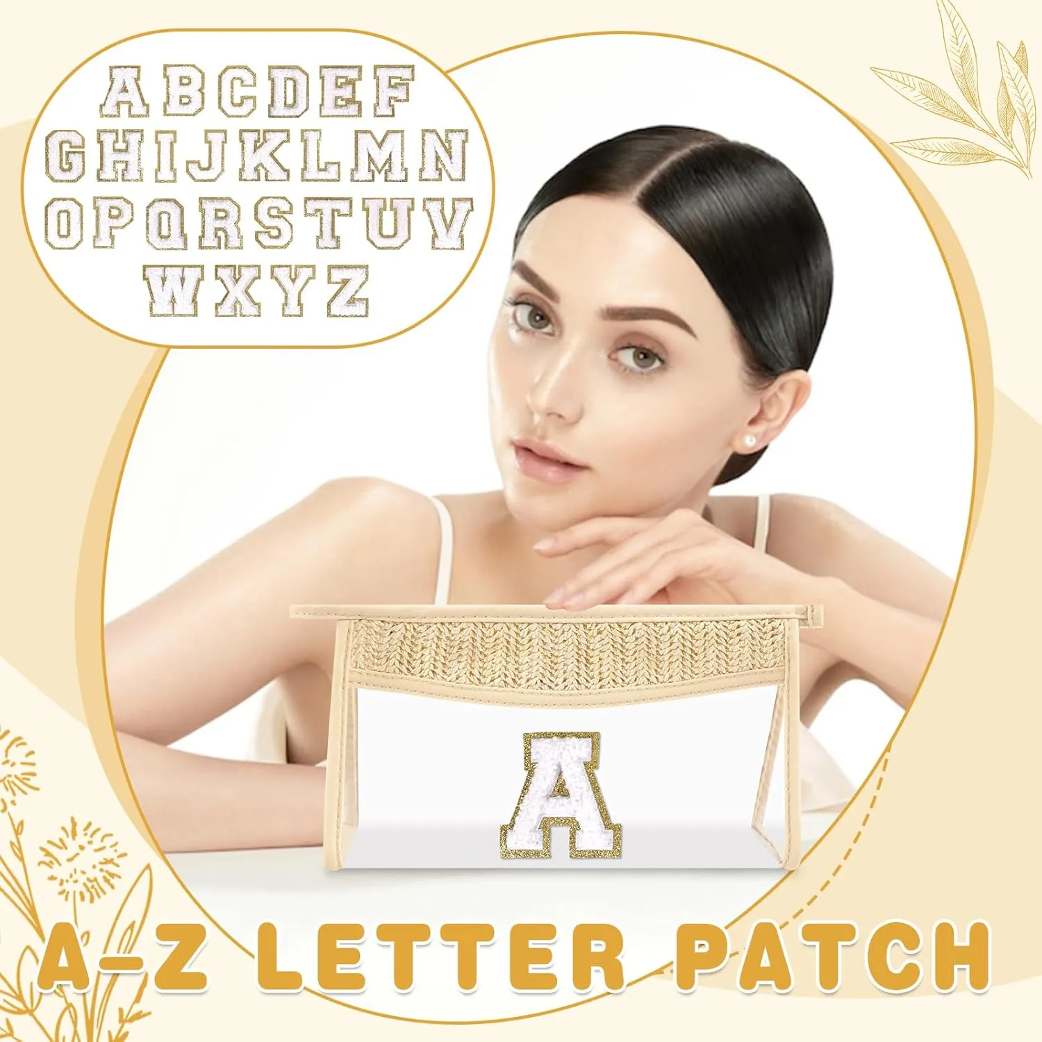 Personalized Initial Letter Bag Boho Straw Clear Makeup Bag,Small Cute Chenille Varsity Letter Bag With Zipper,Beach Travel Toiletry Bag,Portable Monogrammed Cosmetic Bag for Women Girls,A