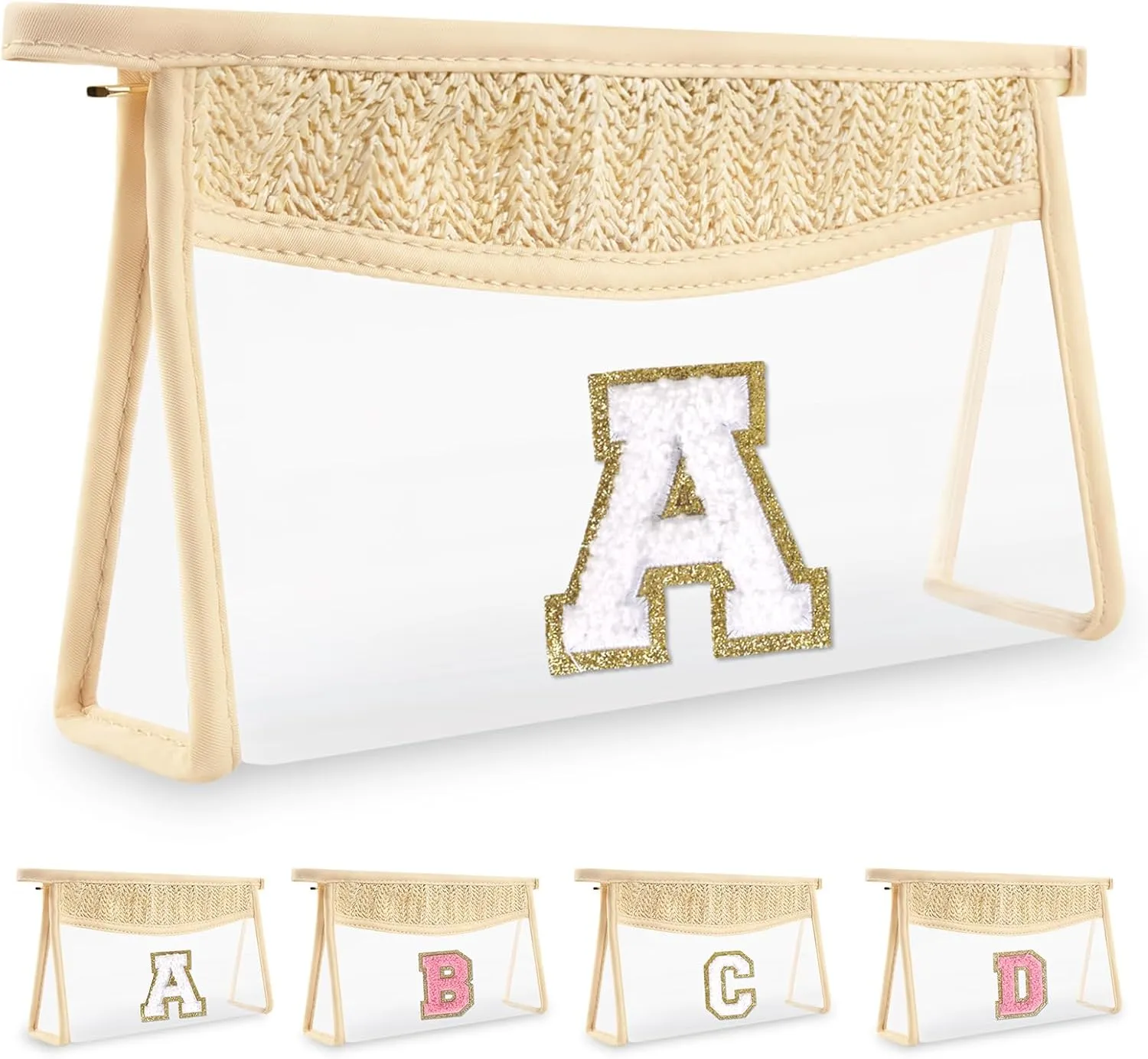 Personalized Initial Letter Bag Boho Straw Clear Makeup Bag,Small Cute Chenille Varsity Letter Bag With Zipper,Beach Travel Toiletry Bag,Portable Monogrammed Cosmetic Bag for Women Girls,A