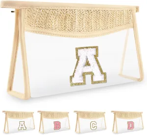 Personalized Initial Letter Bag Boho Straw Clear Makeup Bag,Small Cute Chenille Varsity Letter Bag With Zipper,Beach Travel Toiletry Bag,Portable Monogrammed Cosmetic Bag for Women Girls,A