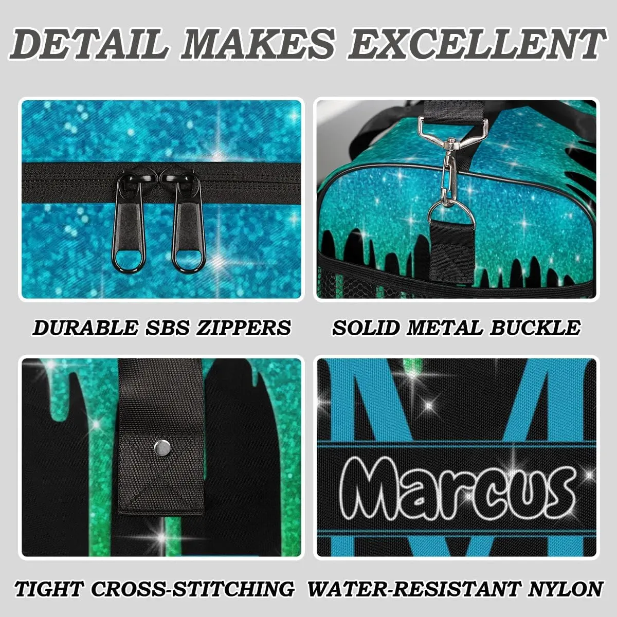 Personalized Initial Sports Bag Travel Duffel Bags with Name, Custom Gym Bag for Adults, Overnight Weekend Bags, Fluid Dance Bag, Personalized Gifts, Green Glitter Fluid