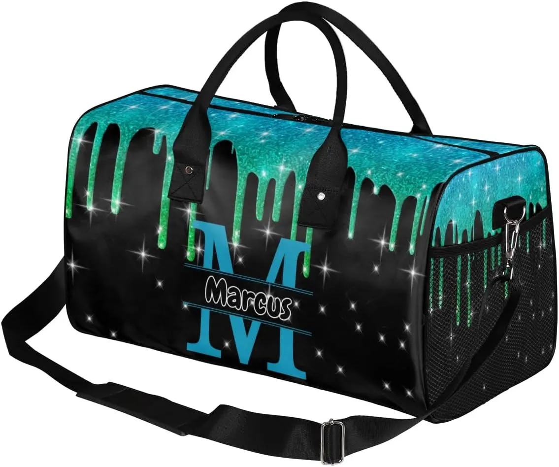 Personalized Initial Sports Bag Travel Duffel Bags with Name, Custom Gym Bag for Adults, Overnight Weekend Bags, Fluid Dance Bag, Personalized Gifts, Green Glitter Fluid