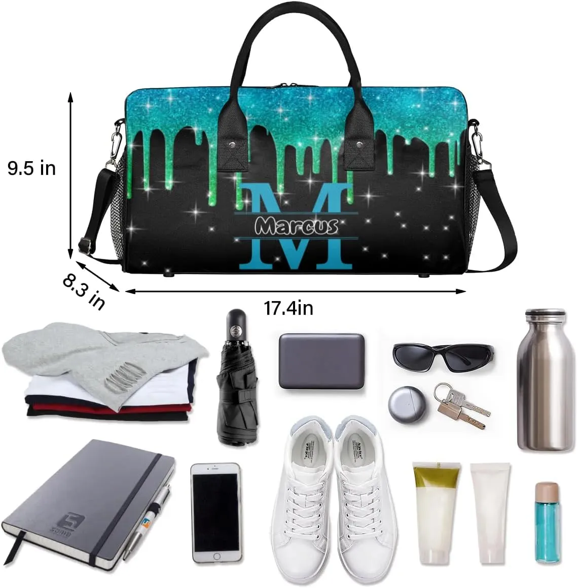 Personalized Initial Sports Bag Travel Duffel Bags with Name, Custom Gym Bag for Adults, Overnight Weekend Bags, Fluid Dance Bag, Personalized Gifts, Green Glitter Fluid