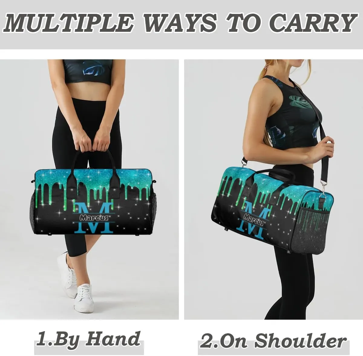 Personalized Initial Sports Bag Travel Duffel Bags with Name, Custom Gym Bag for Adults, Overnight Weekend Bags, Fluid Dance Bag, Personalized Gifts, Green Glitter Fluid