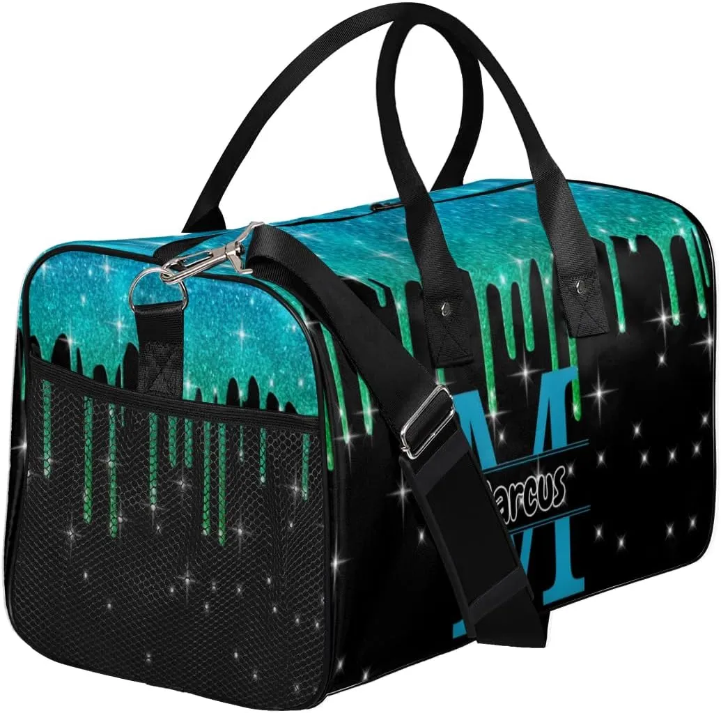 Personalized Initial Sports Bag Travel Duffel Bags with Name, Custom Gym Bag for Adults, Overnight Weekend Bags, Fluid Dance Bag, Personalized Gifts, Green Glitter Fluid