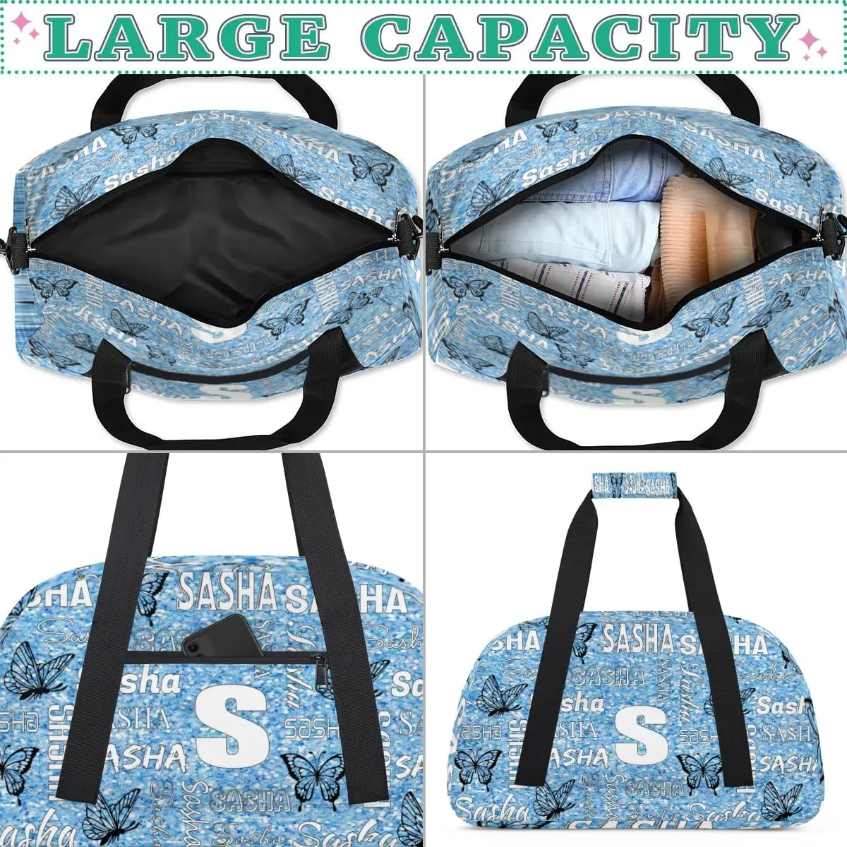 Personalized Initials Duffel Bags for Women, Custom Sport Duffel Bag with Name, Butterfly Print Overnight Carry-On Bag Weekender Bags, Light Blue Glitter Custom Gifts