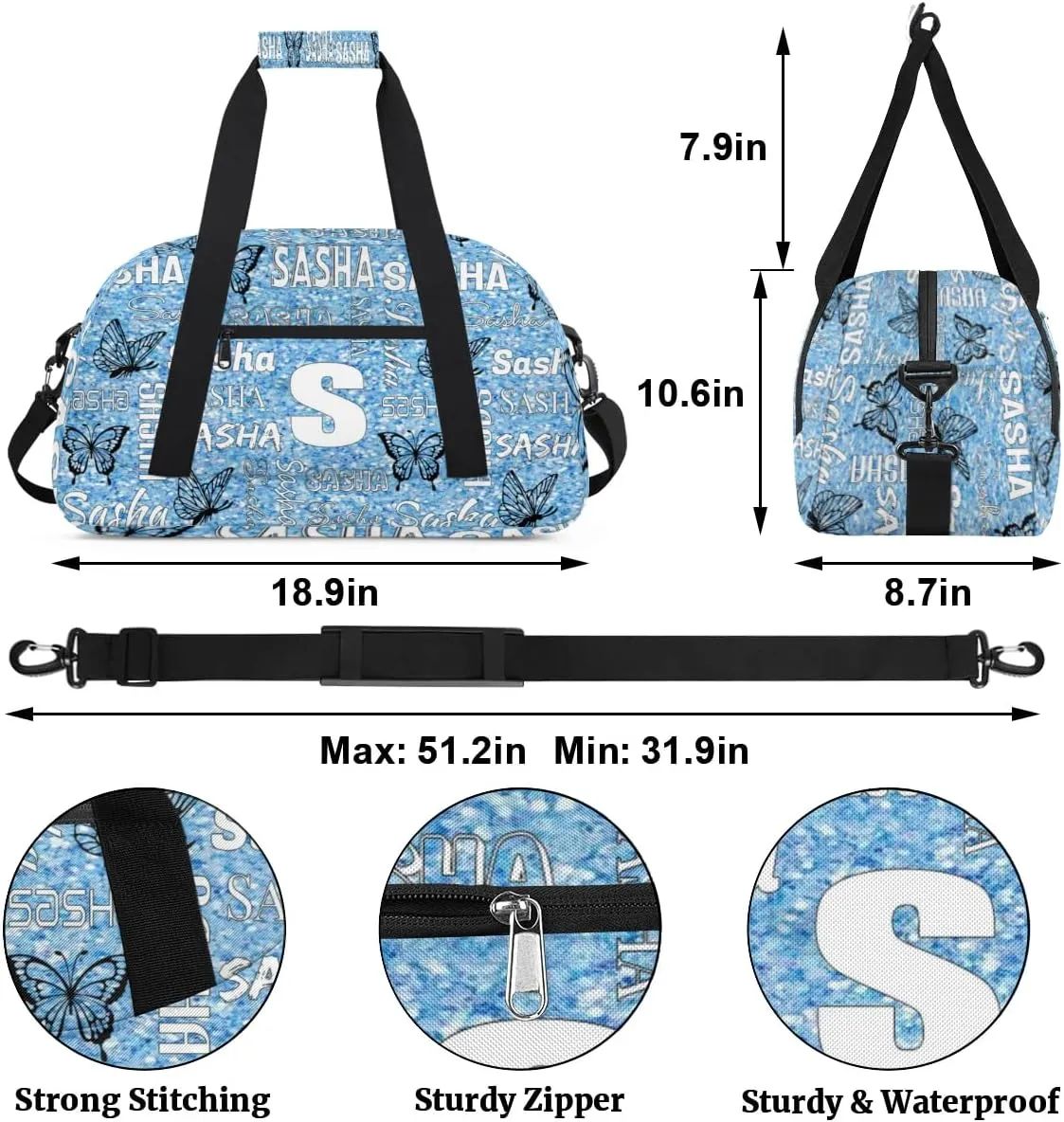 Personalized Initials Duffel Bags for Women, Custom Sport Duffel Bag with Name, Butterfly Print Overnight Carry-On Bag Weekender Bags, Light Blue Glitter Custom Gifts