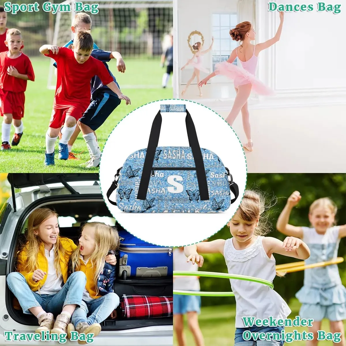 Personalized Initials Duffel Bags for Women, Custom Sport Duffel Bag with Name, Butterfly Print Overnight Carry-On Bag Weekender Bags, Light Blue Glitter Custom Gifts