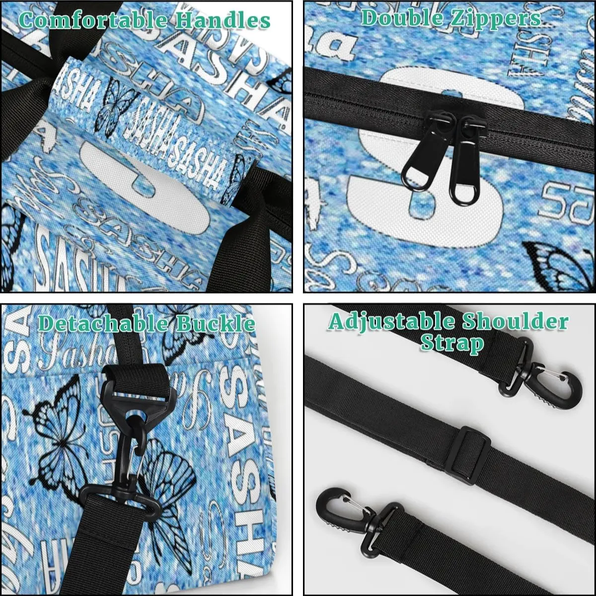 Personalized Initials Duffel Bags for Women, Custom Sport Duffel Bag with Name, Butterfly Print Overnight Carry-On Bag Weekender Bags, Light Blue Glitter Custom Gifts