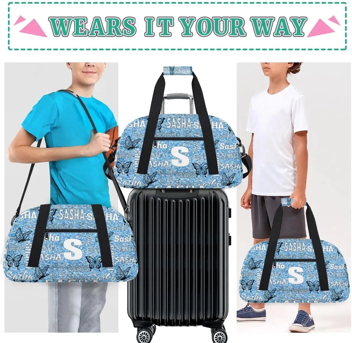 Personalized Initials Duffel Bags for Women, Custom Sport Duffel Bag with Name, Butterfly Print Overnight Carry-On Bag Weekender Bags, Light Blue Glitter Custom Gifts